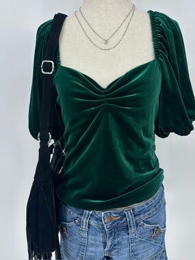 Rachel Roy Green Velvet Puff Sleeve Sweetheart Top XS